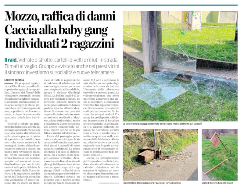 Articolo di L’Eco di Bergamo «Mozzo, raffica di danni. Caccia alla baby gang. Individuati 2 ragazzini». 